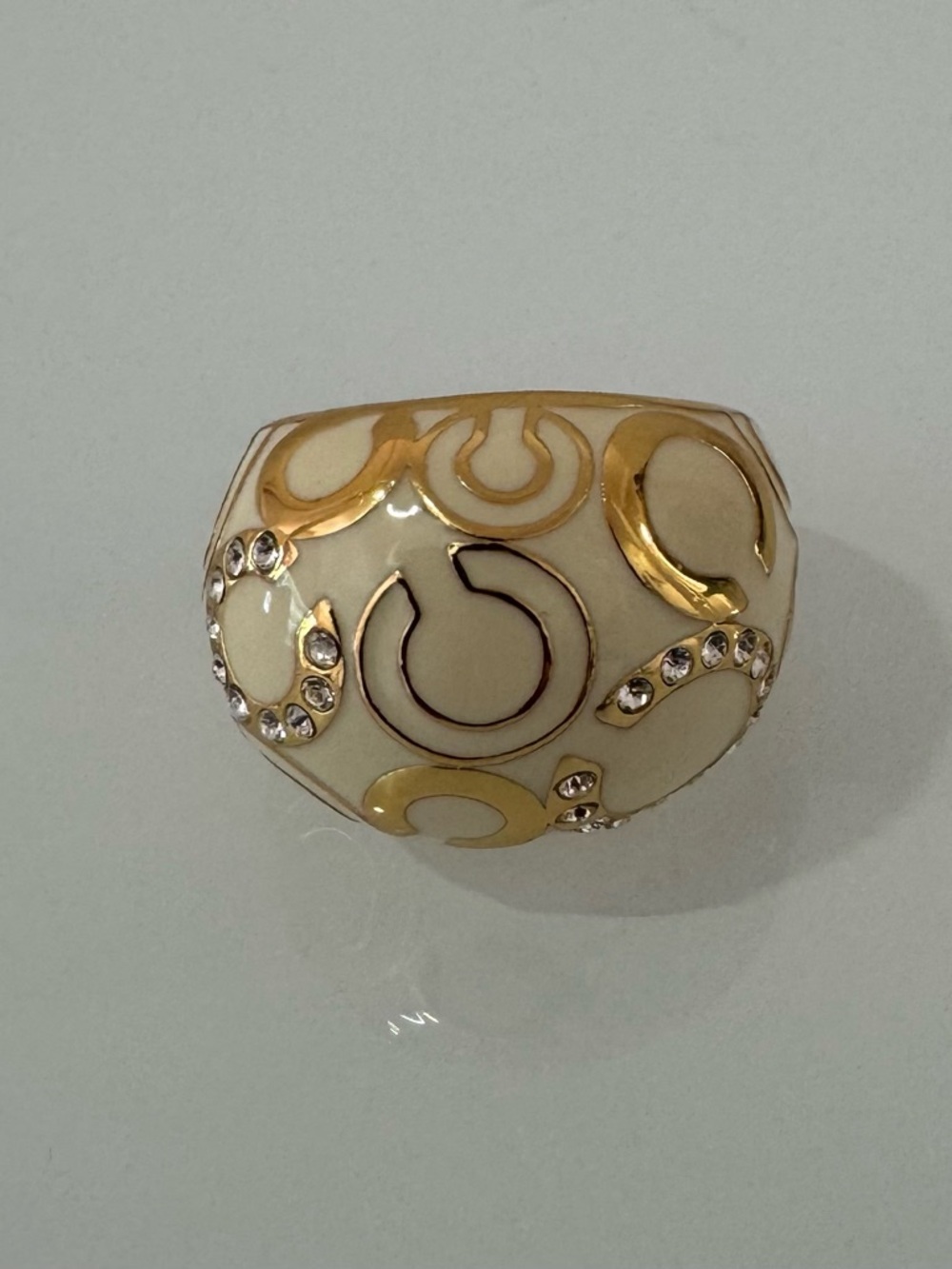 COACH Cream and Gold Dome Ring with Crystal Accents, Size 6.5